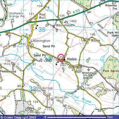 Ordnance Survey Extract.  Hales Farm OS grid ref. SJ 713 341    GPS N 52 54' 11"  W 02 25' 37"